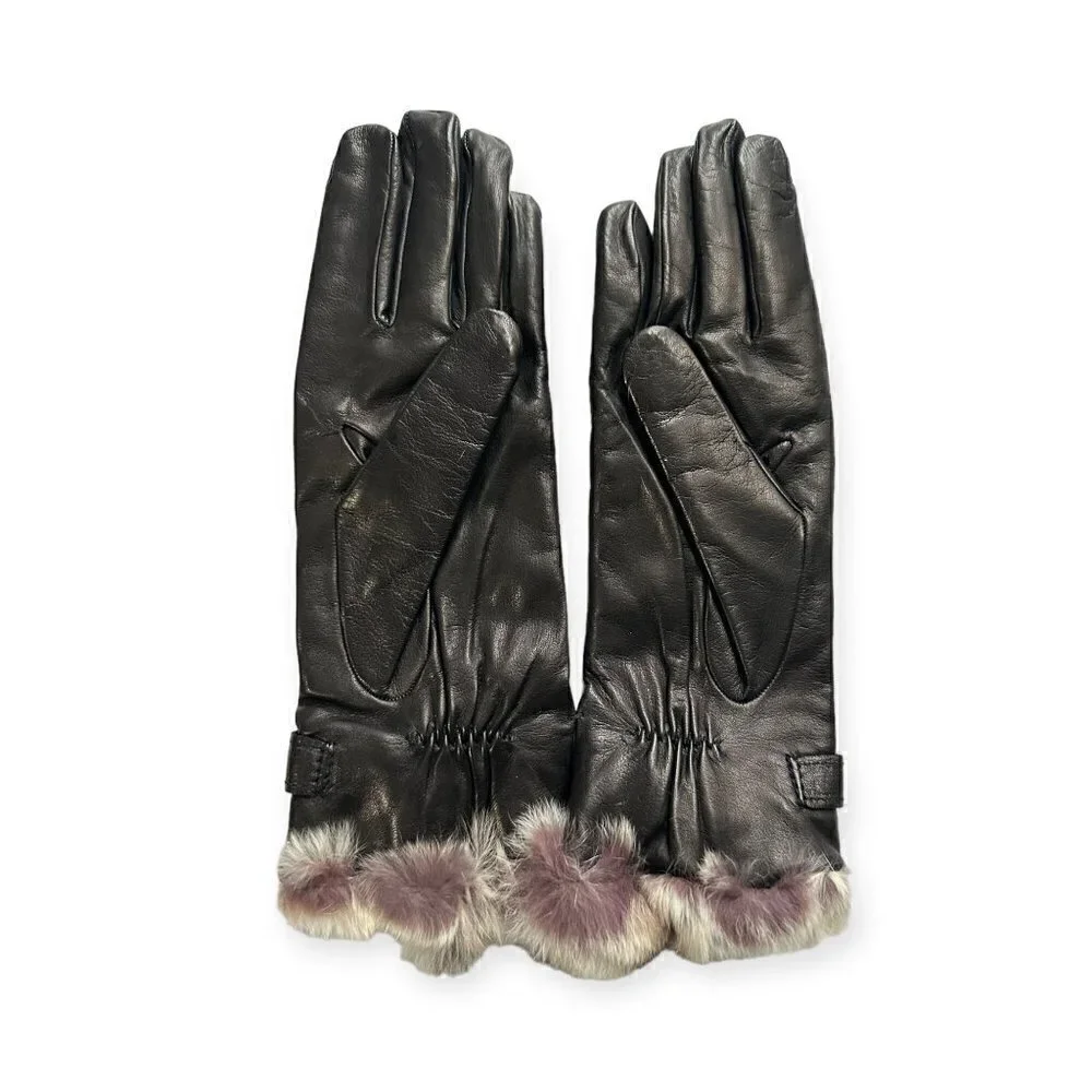 Sermoneta Leather Cashmere Lined gloves with Rabbit fur Trim size 7.5, Black NWT